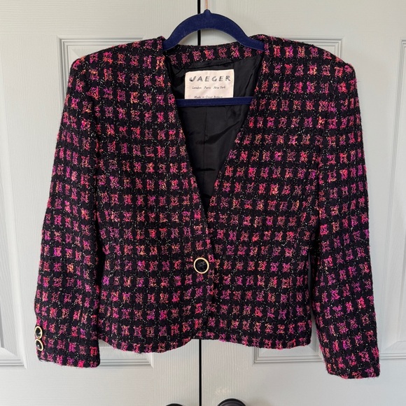 VINTAGE Jaeger London Fantasy Tweed Purple Pink Black Metallic Blazer - Picture 1 of 5